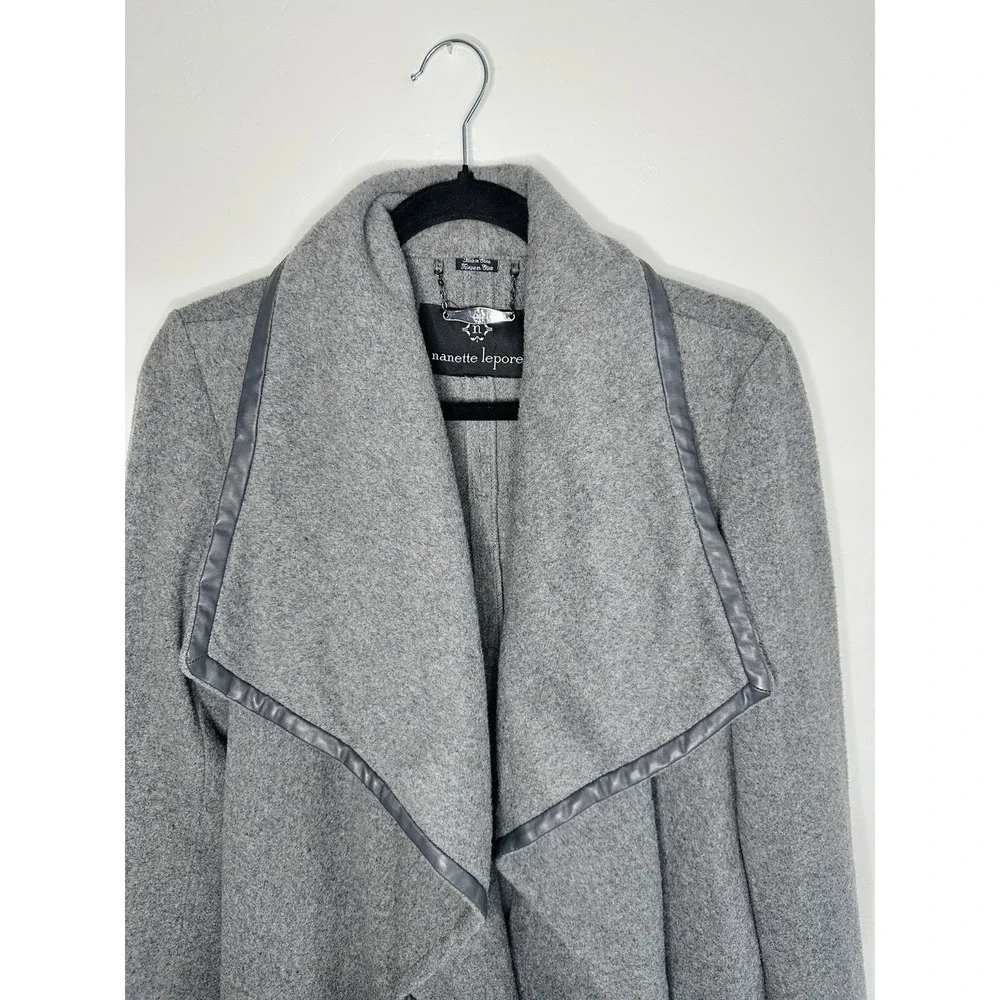 Nanette Lepore Gray Wool Blend Faux Leather Trim Wrap Coat Large Minimalist Chic